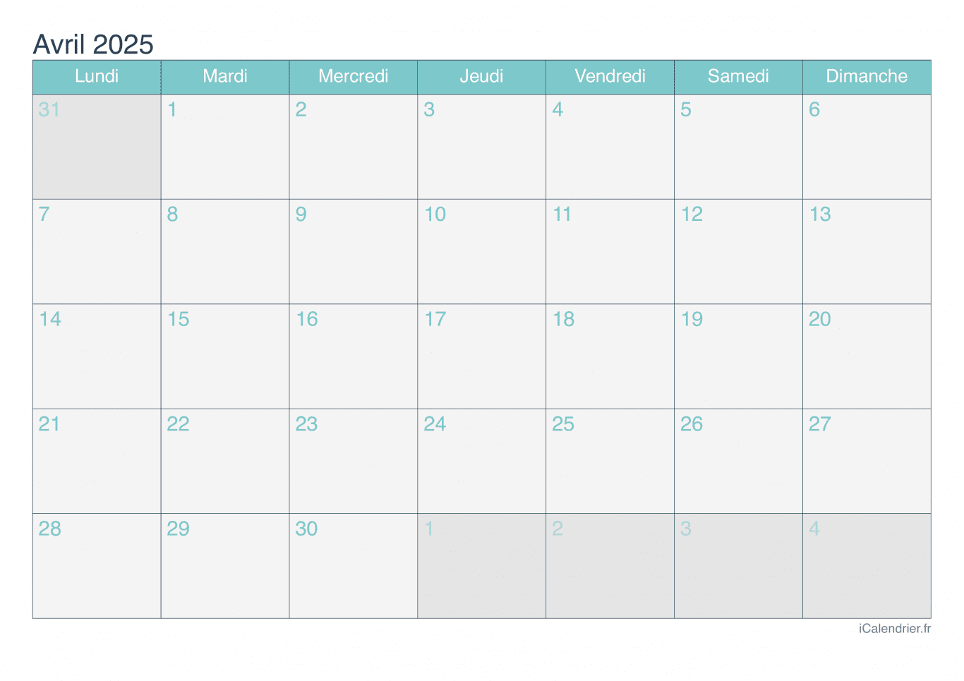 Calendrier d'avril 2025 - Turquoise