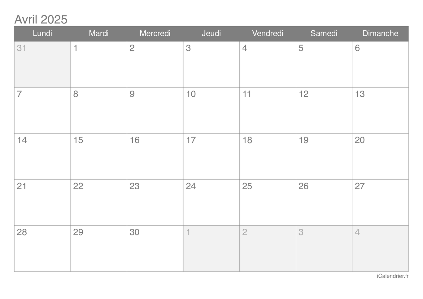 Calendrier d'avril 2025