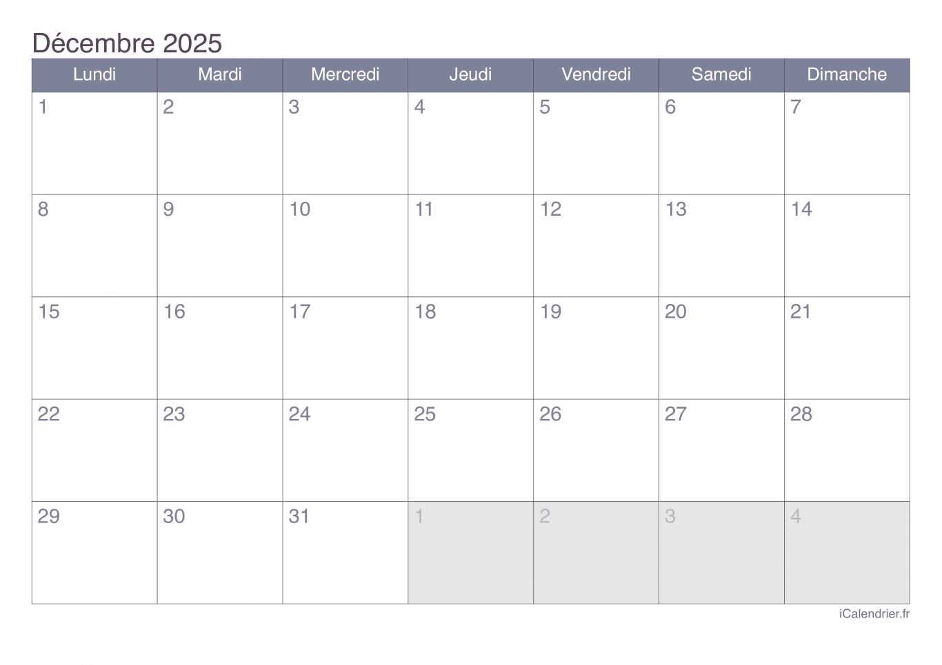 Calendrier de décembre 2025 - Office