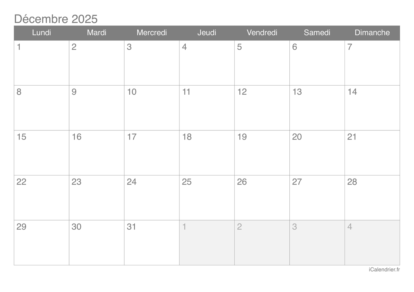Calendrier de décembre 2025