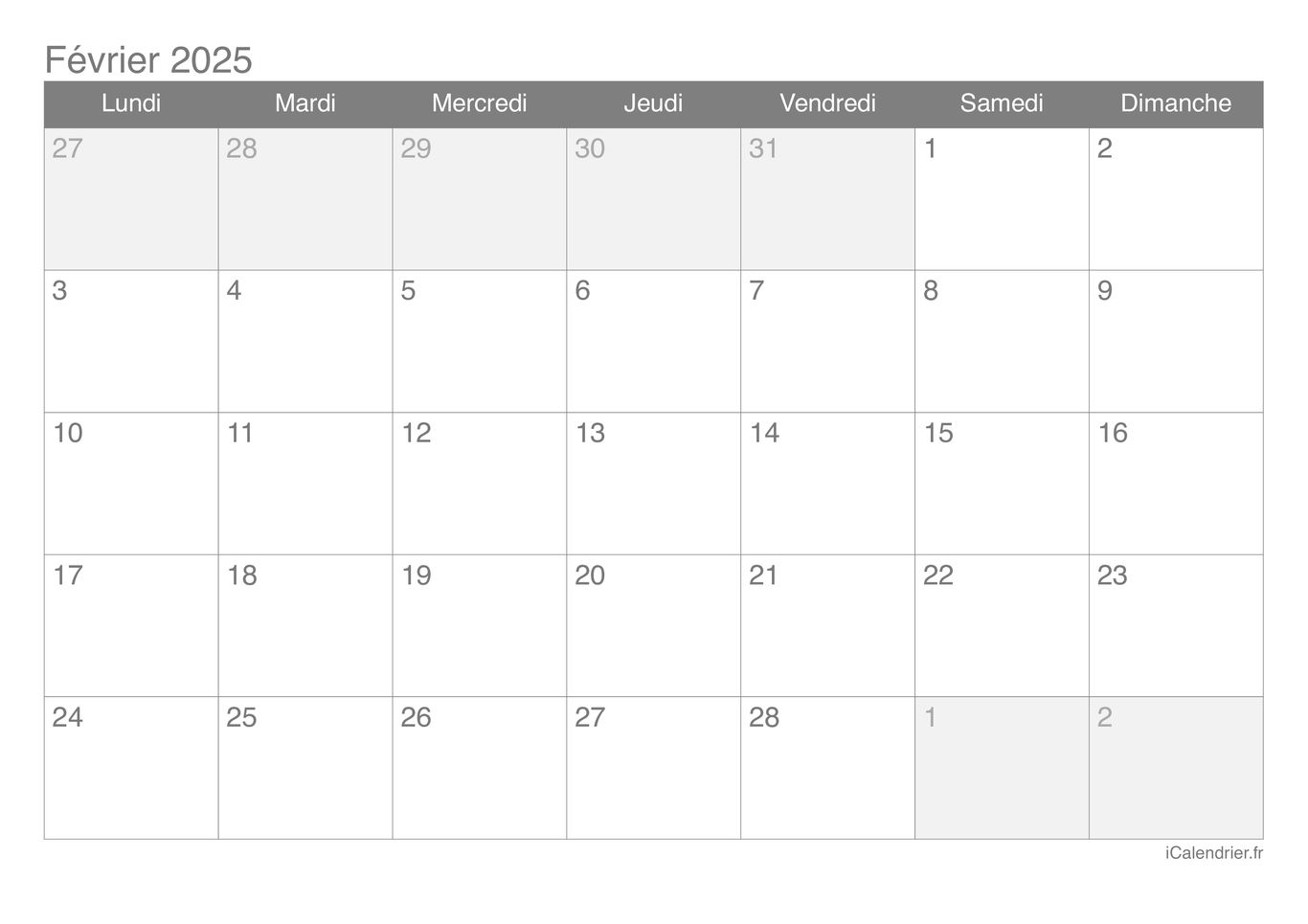 Calendrier de février 2025
