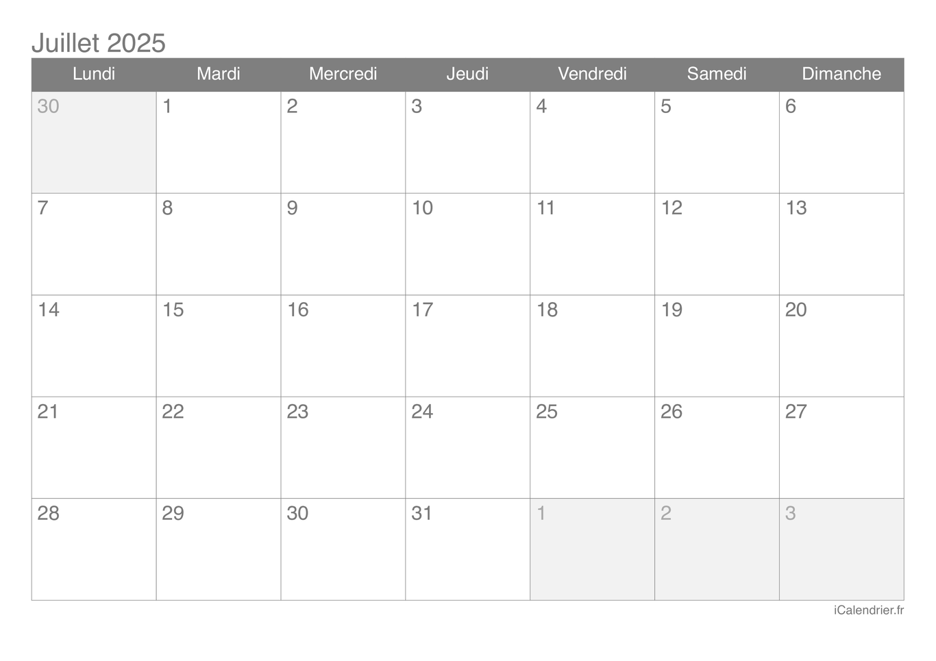 Calendrier de juillet 2025