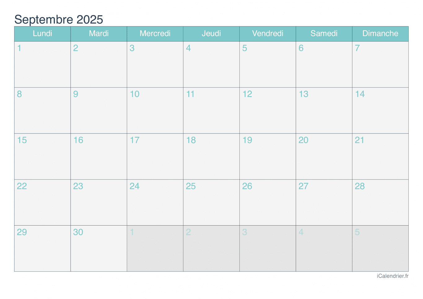 Calendrier de septembre 2025 - Turquoise