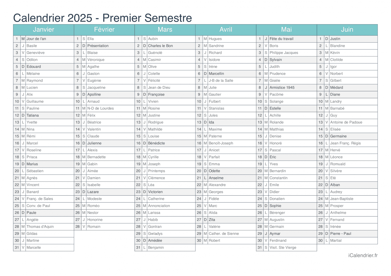 Calendrier par semestre 2025 avec fête du jour - Turquoise