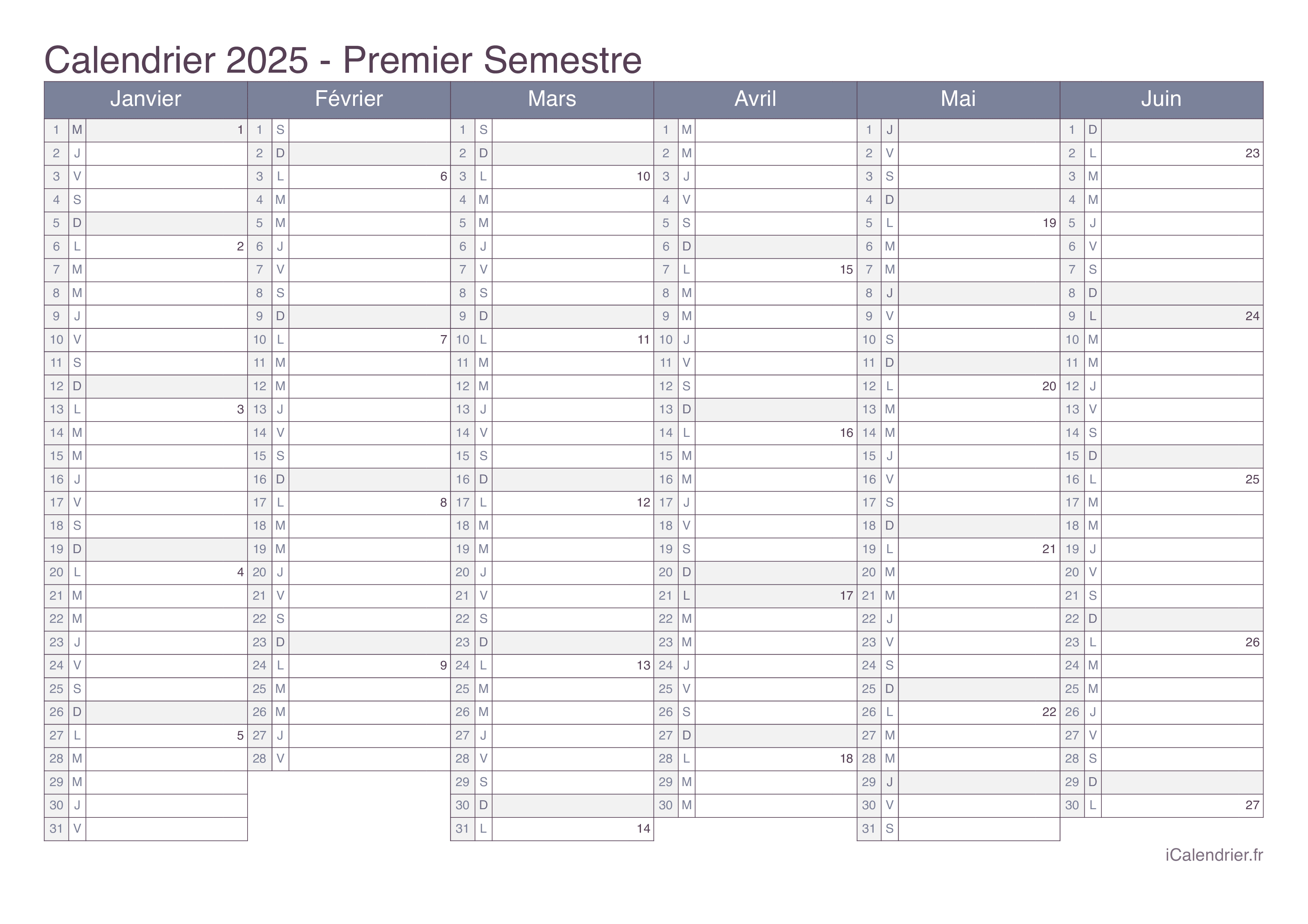 Calendrier par semestre avec numéros des semaines 2025 - Office