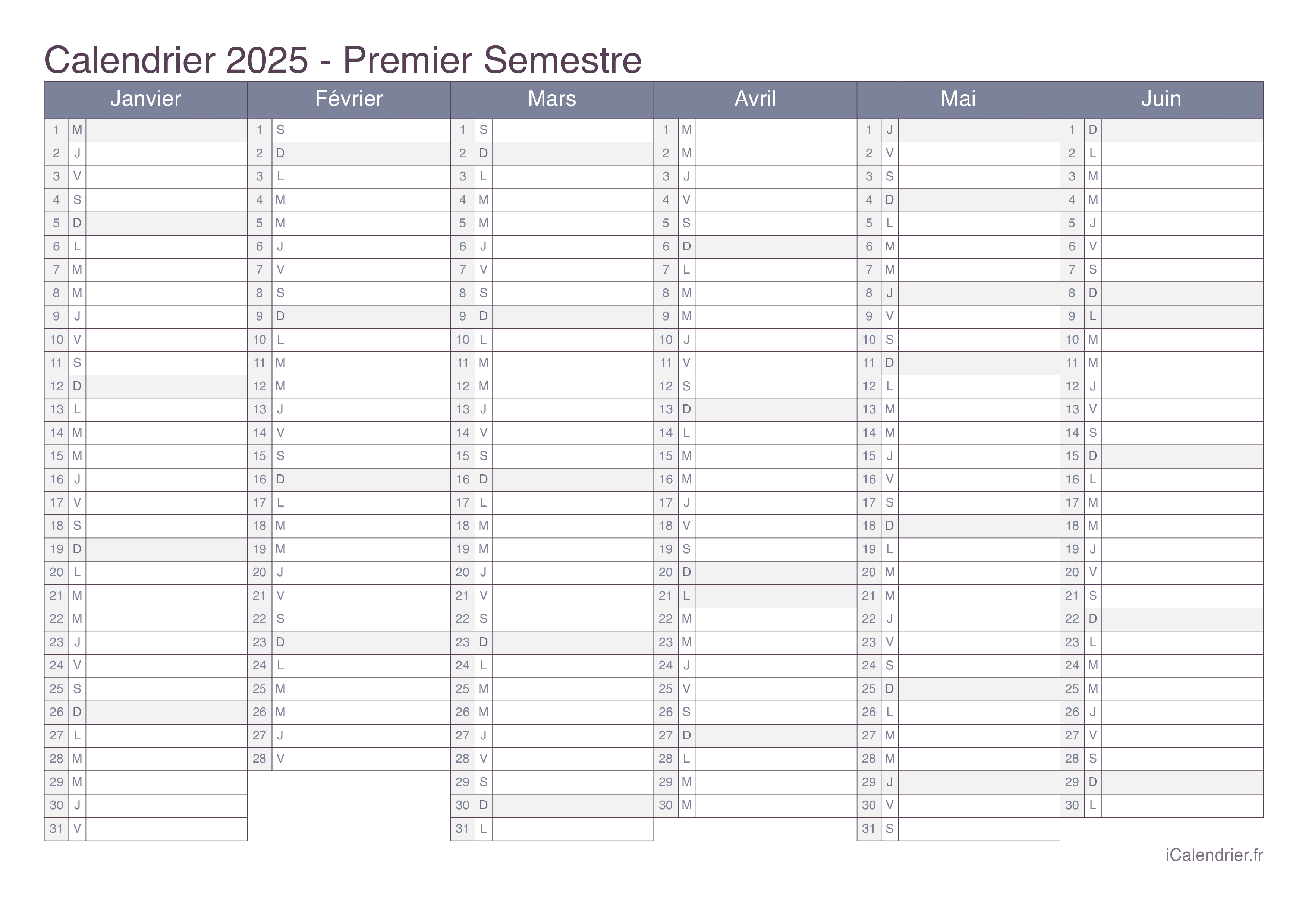 Calendrier par semestre 2025 - Office