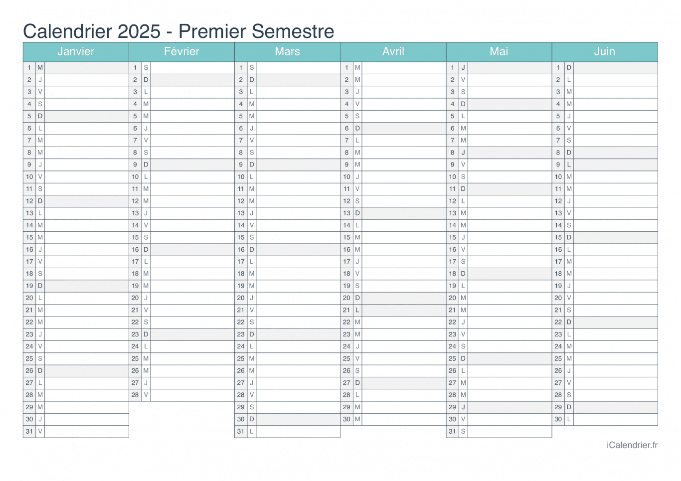 Calendrier par semestre 2025 - Turquoise
