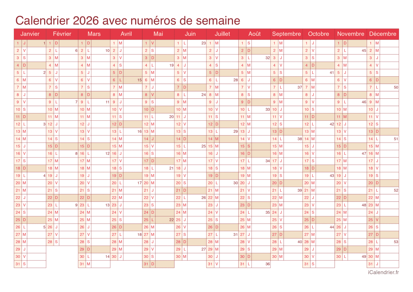 Calendrier 2026 avec numéros de semaine - Cherry