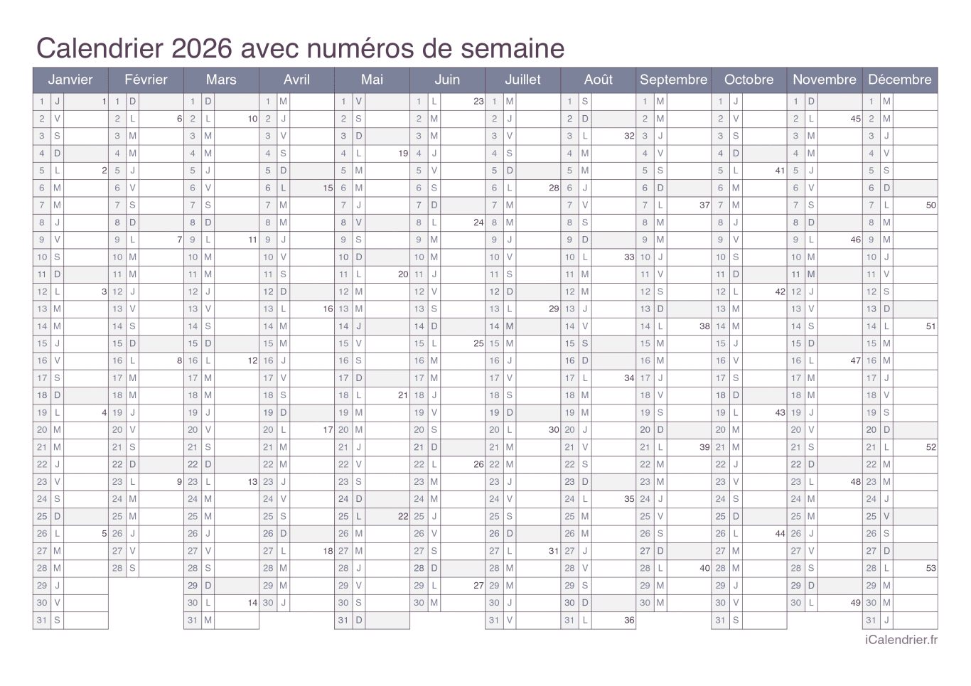 Calendrier 2026 avec numéros de semaine - Office