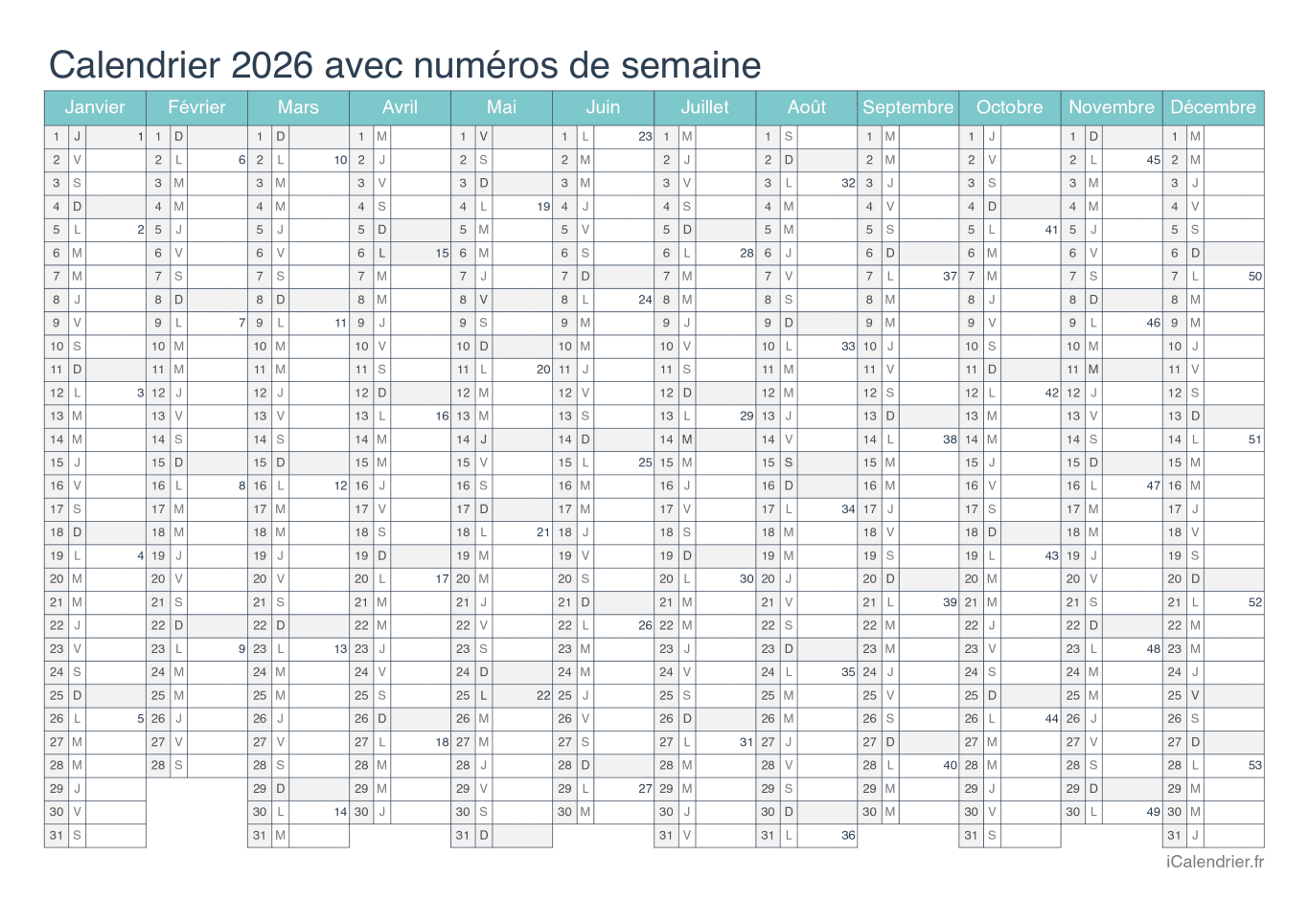 Calendrier 2026 avec numéros de semaine - Turquoise