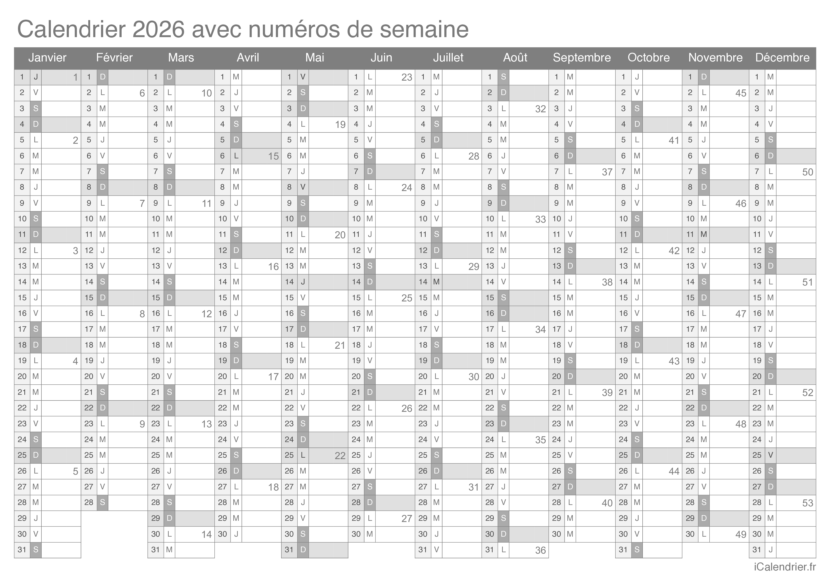 Calendrier 2026 Imprimer PDF Et Excel