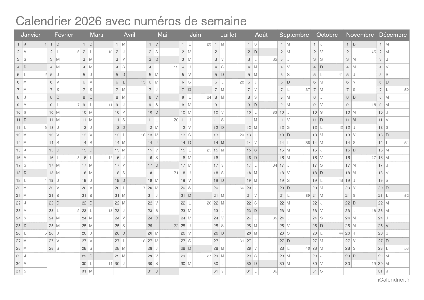 Calendrier 2026 avec numéros de semaine