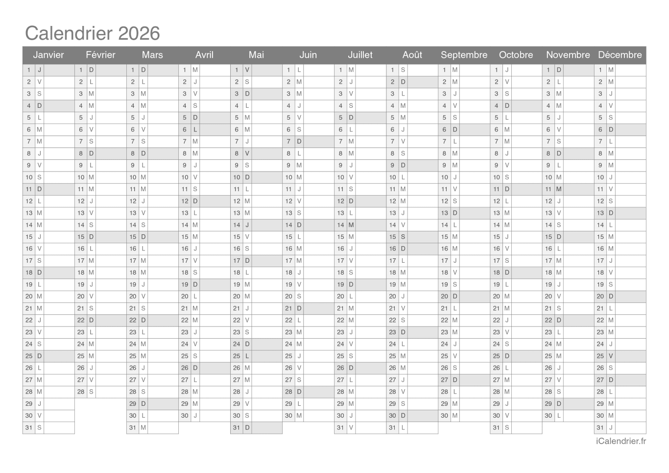 Calendrier 2026