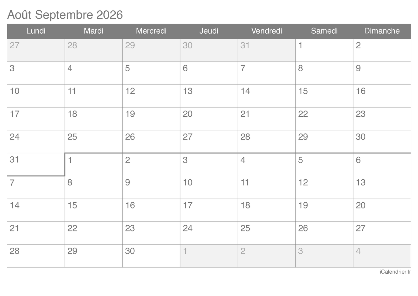 Calendrier d'août septembre 2026