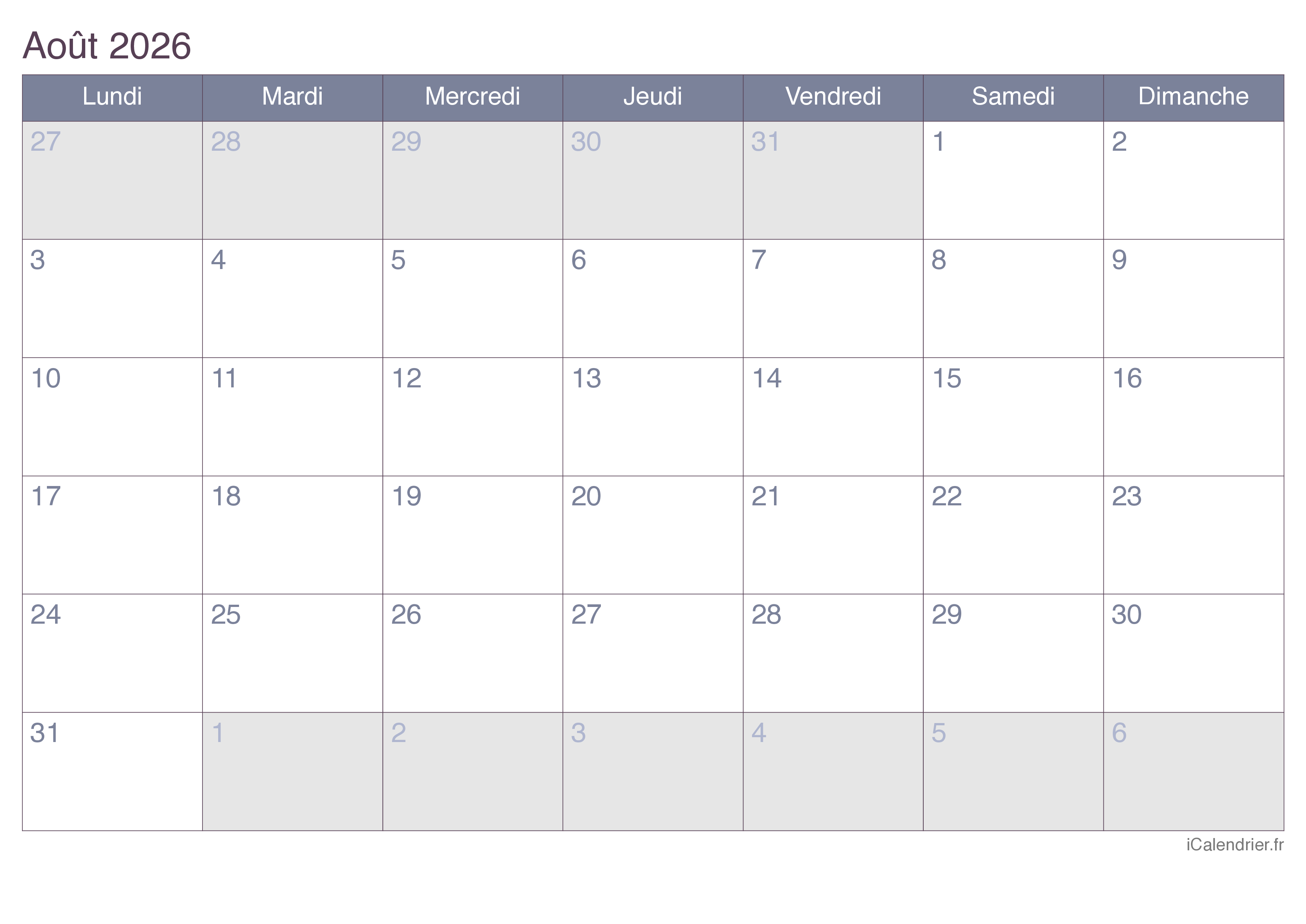 Calendrier Ao t 2026 Imprimer Calendrier Ao t 2026 Imprimer