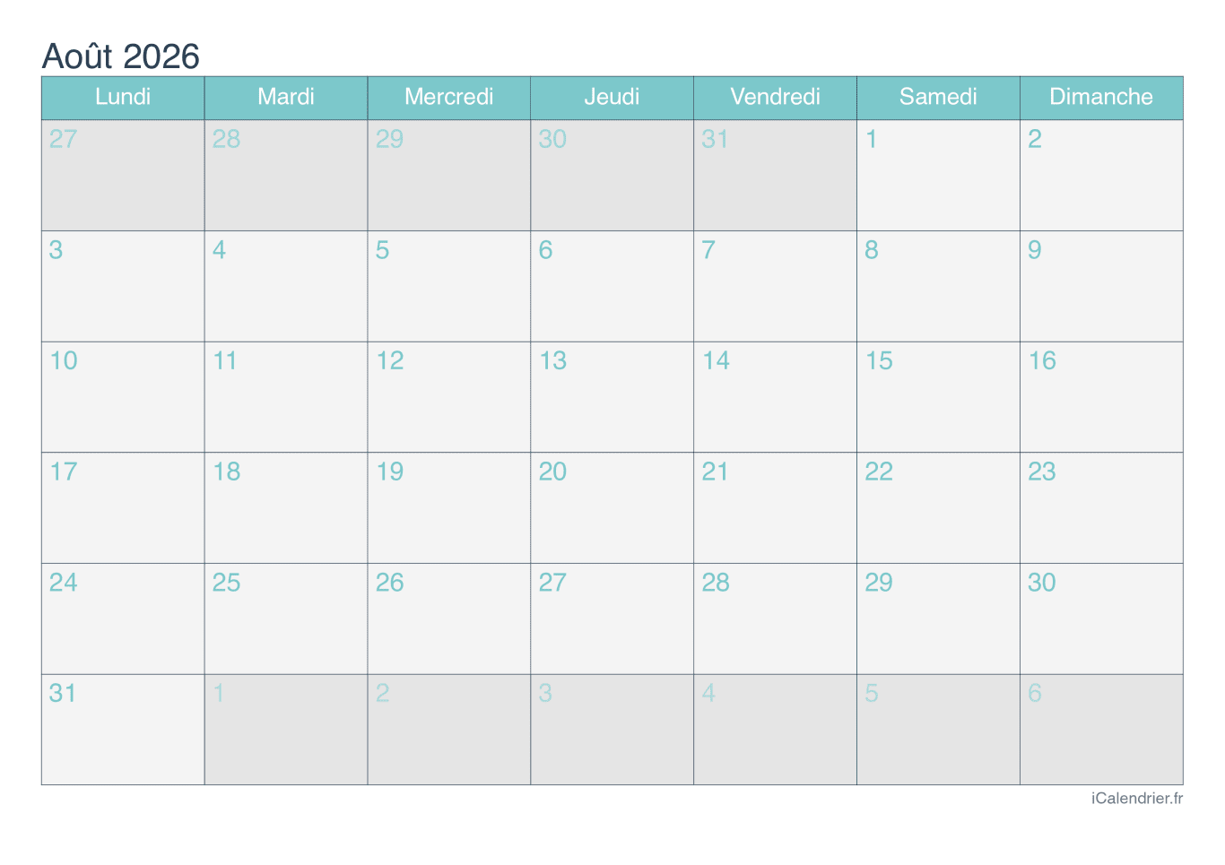 Calendrier d'août 2026 - Turquoise