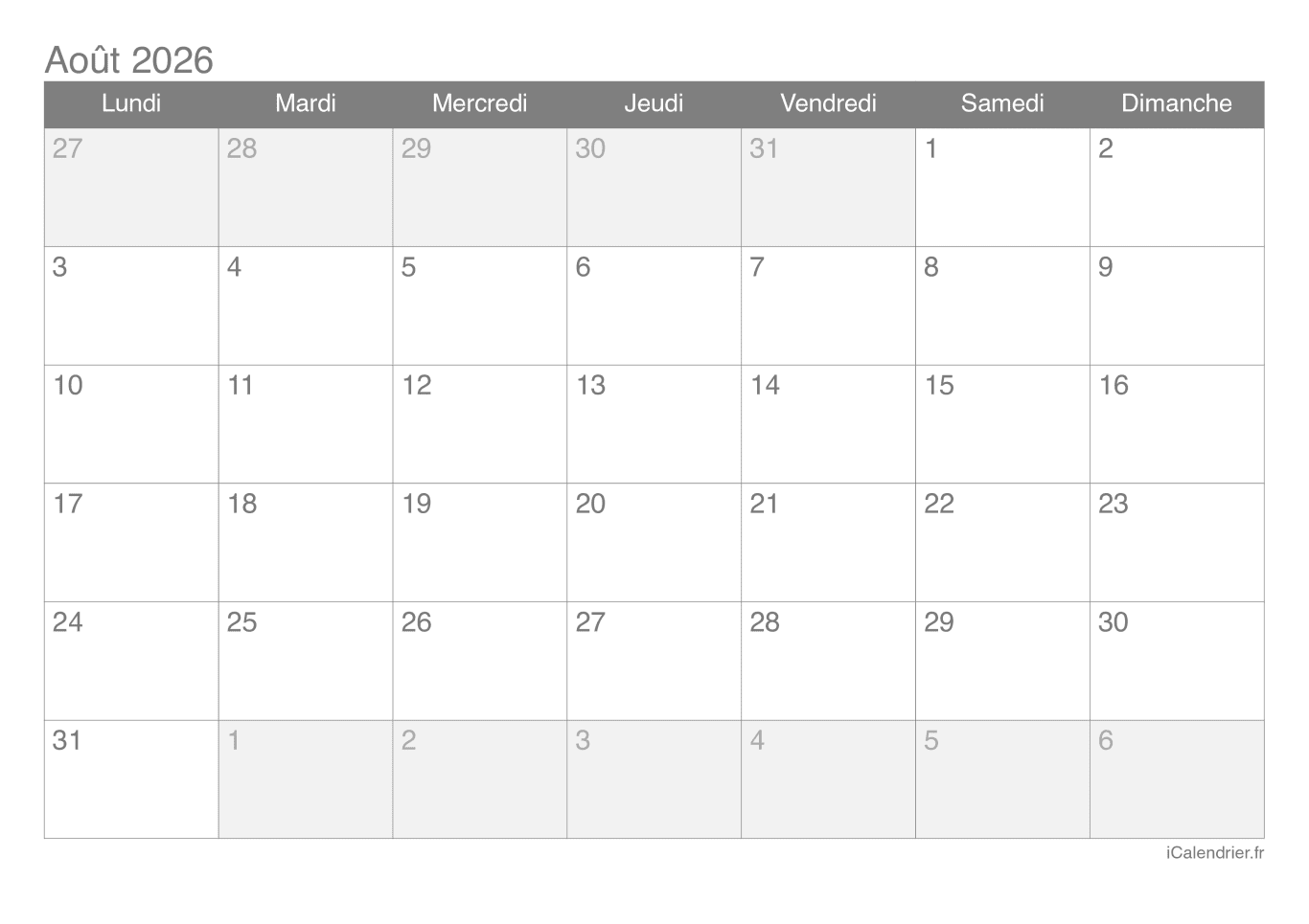 Calendrier d'août 2026