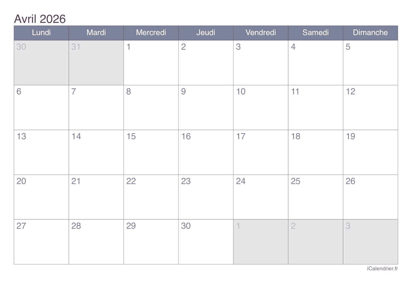 Calendrier d'avril 2026 - Office