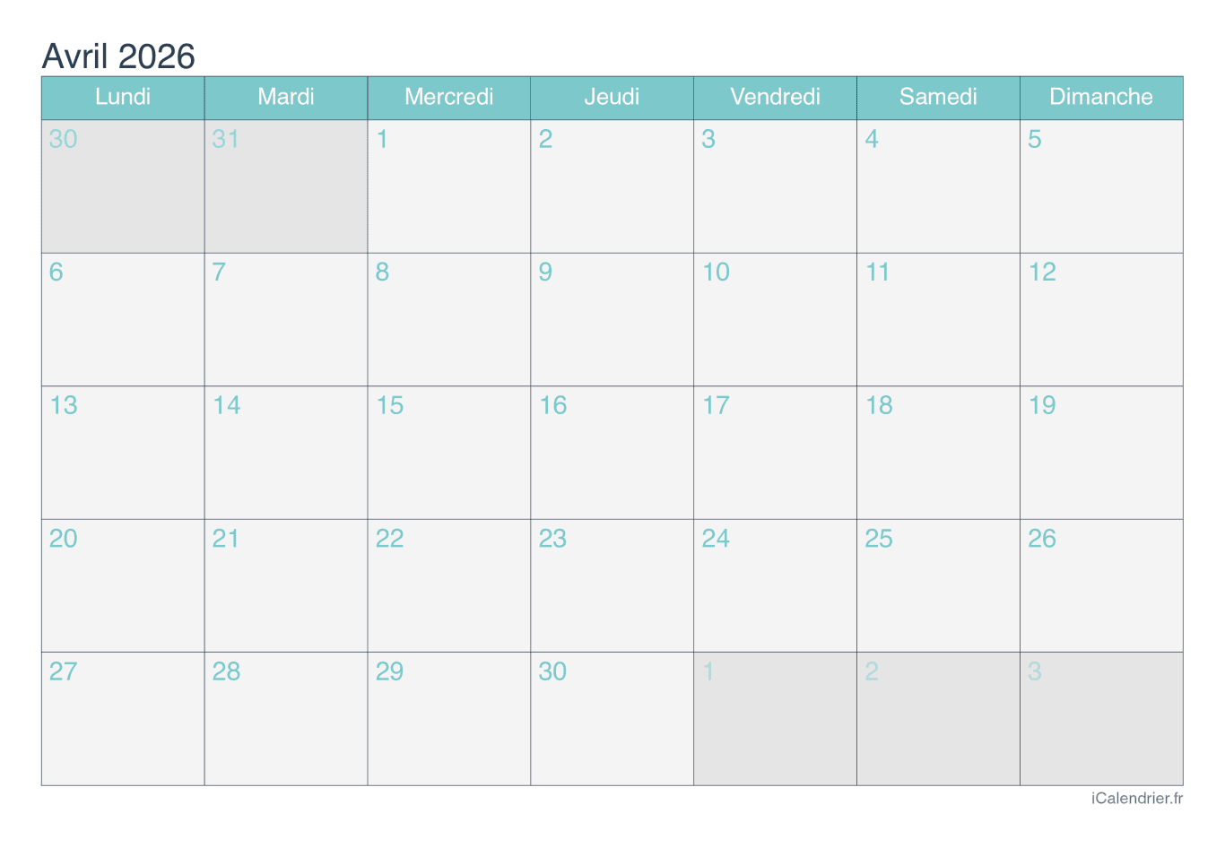 Calendrier d'avril 2026 - Turquoise