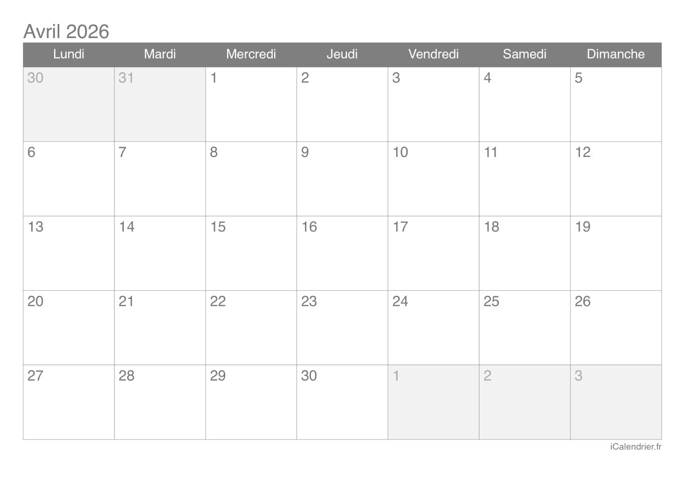 Calendrier d'avril 2026