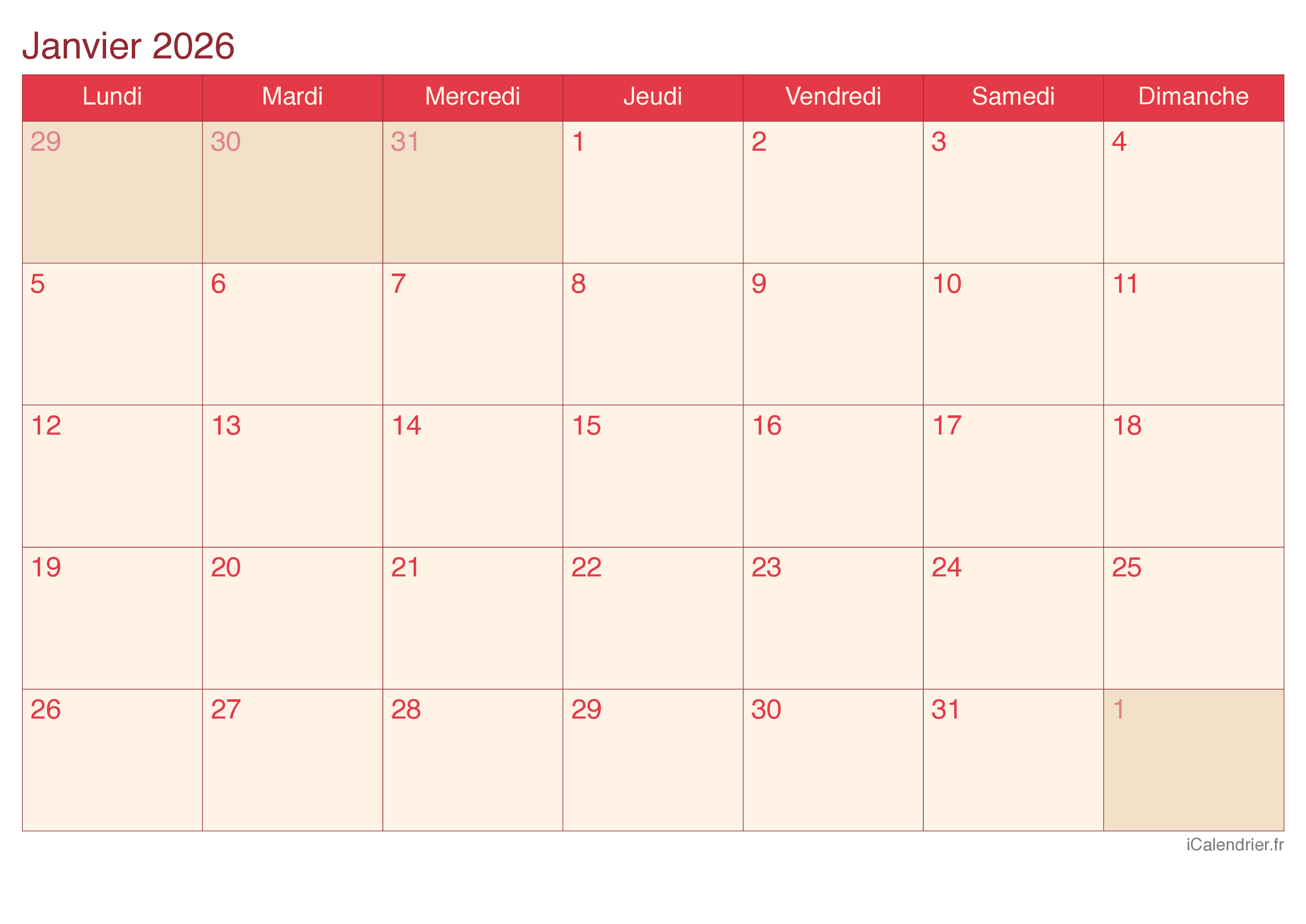 Calendrier par mois 2026 - Cherry