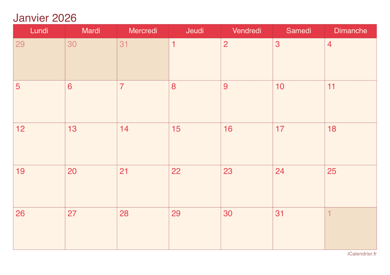 Calendrier par mois 2026 - Cherry