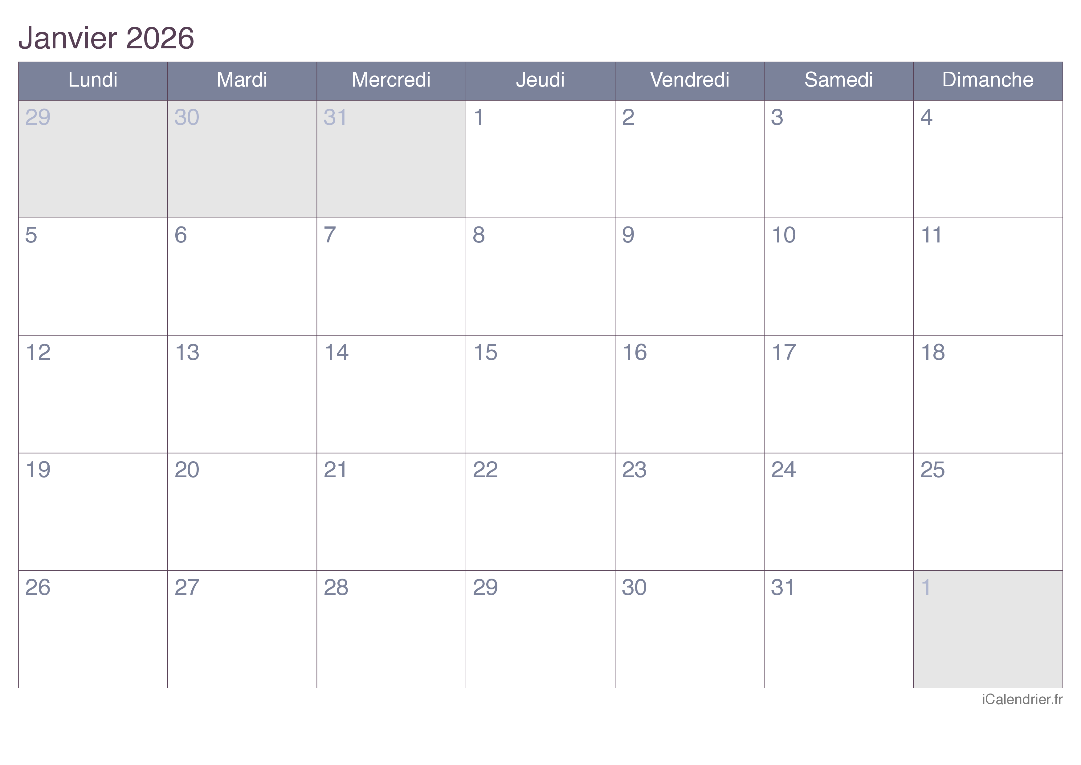 Calendrier par mois 2026 - Office