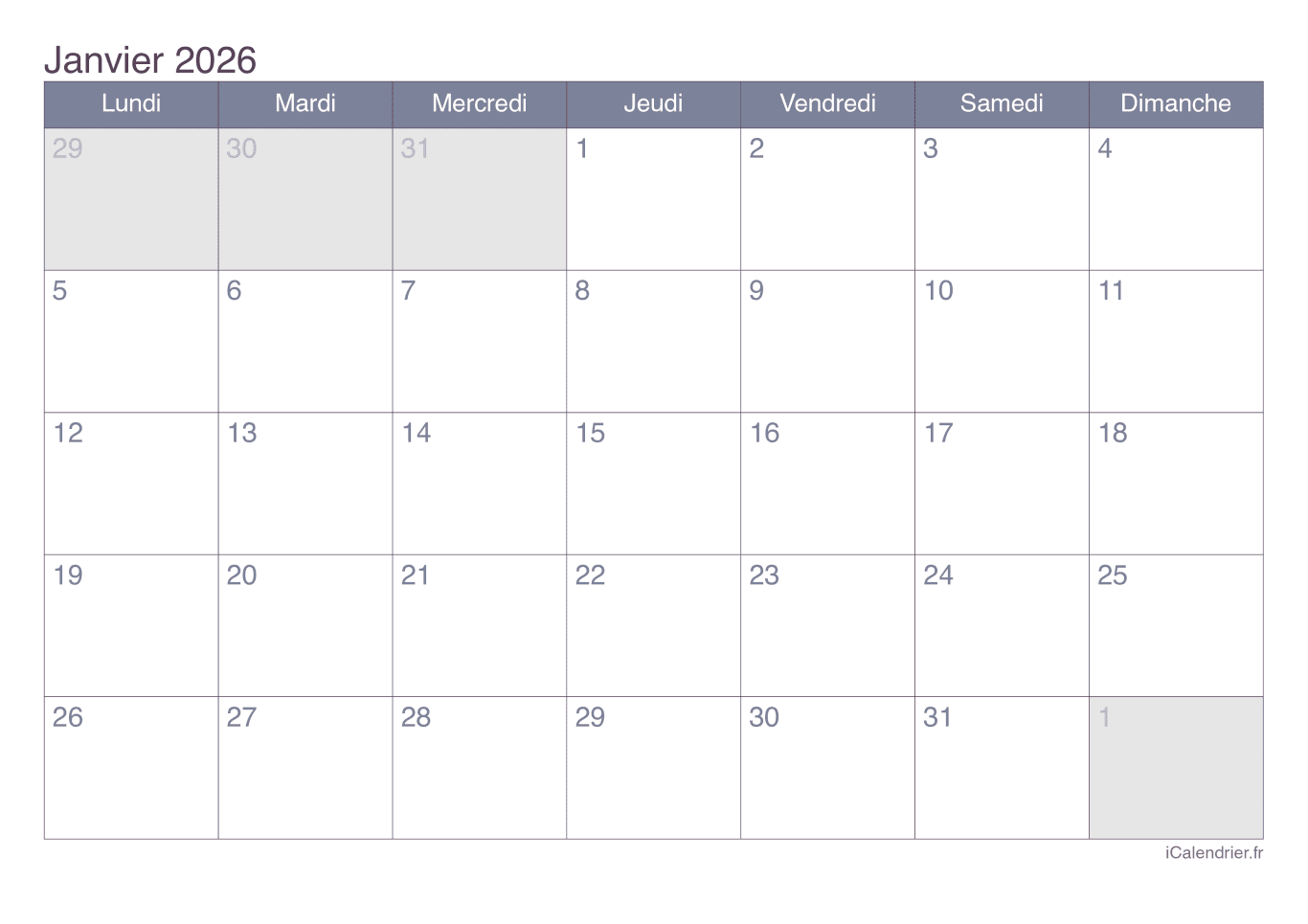 Calendrier par mois 2026 - Office