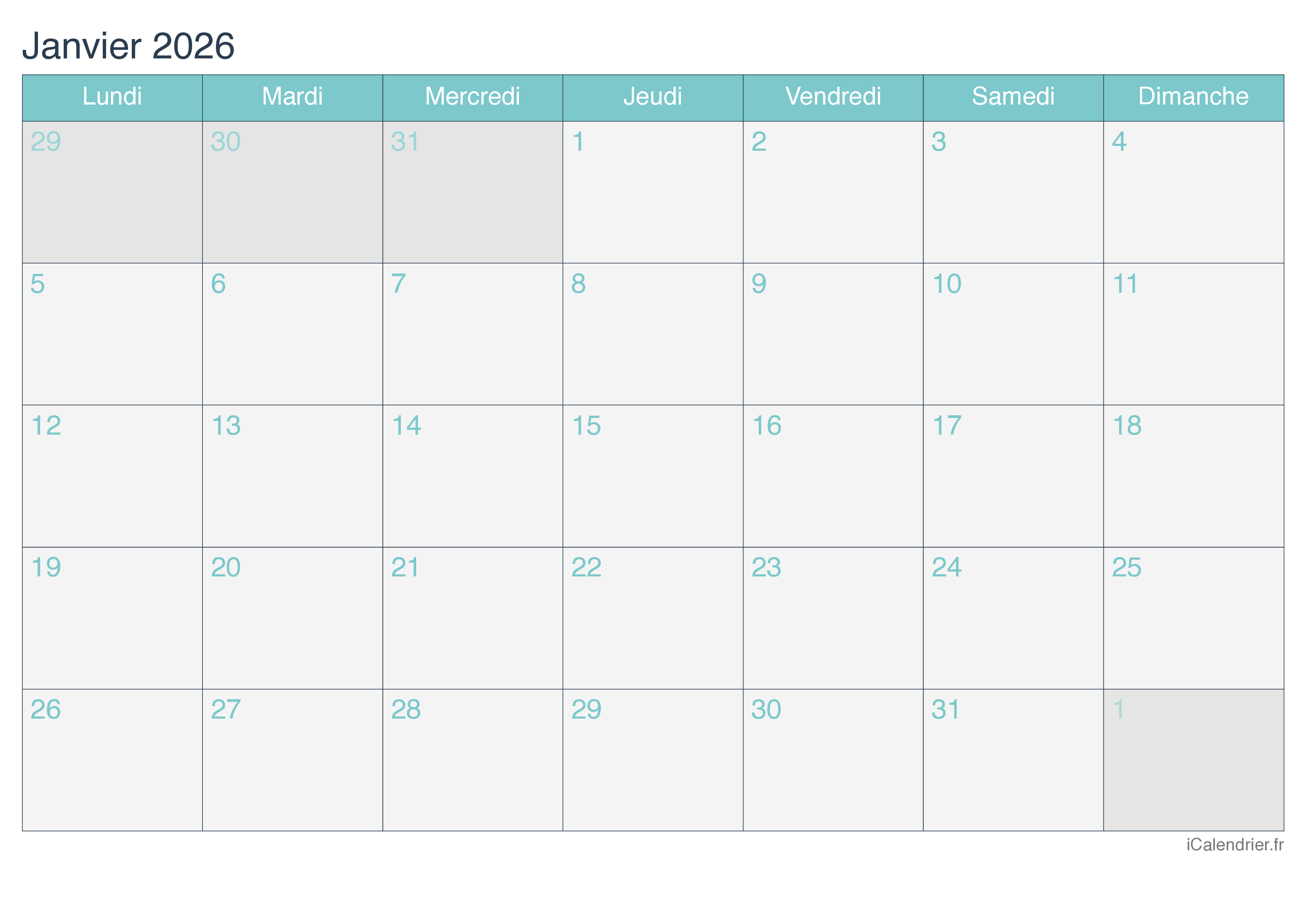 Calendrier par mois 2026 - Turquoise