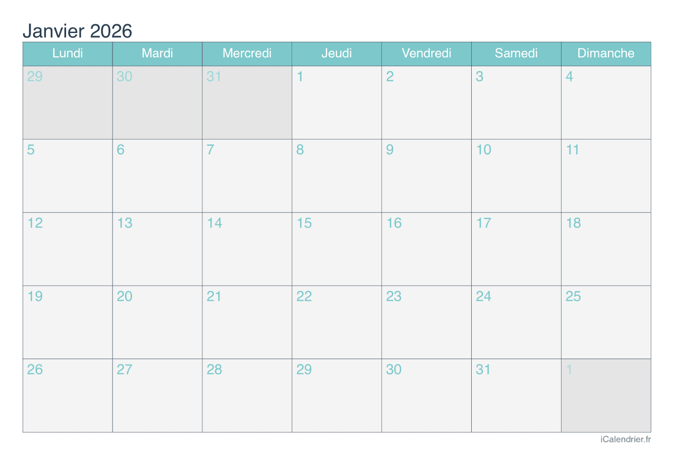 Calendrier par mois 2026 - Turquoise