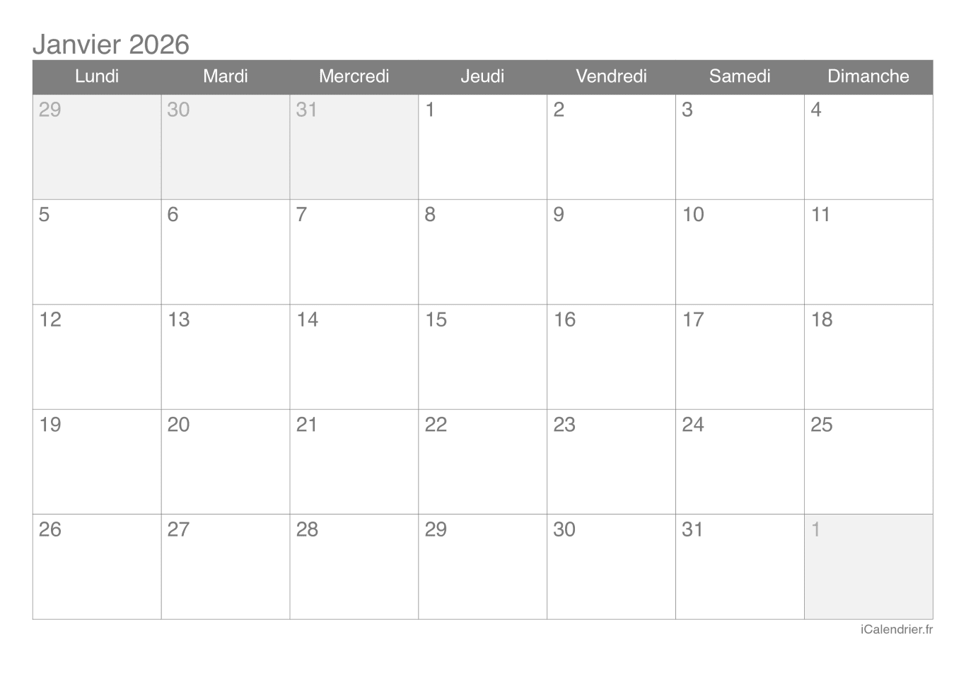 Calendrier par mois 2026