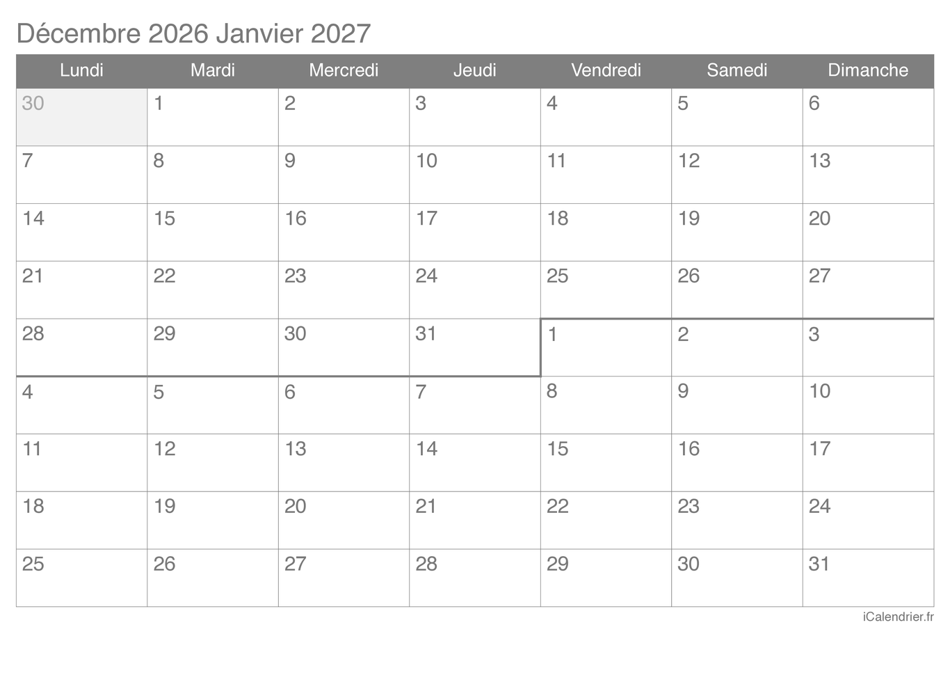 Calendrier de décembre janvier 2026