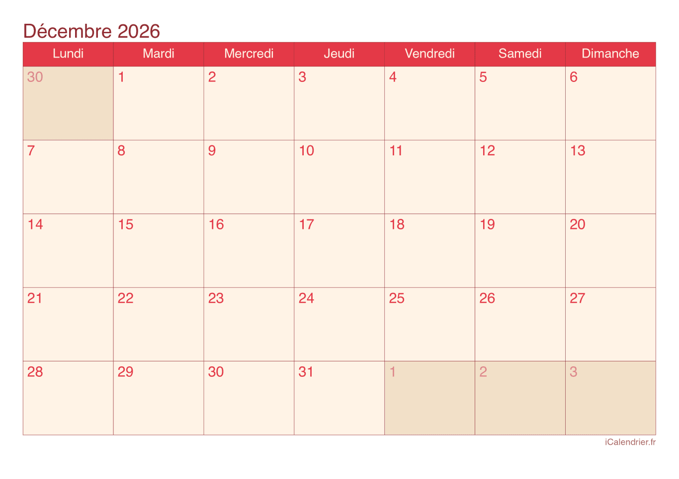 Calendrier de décembre 2026 - Cherry