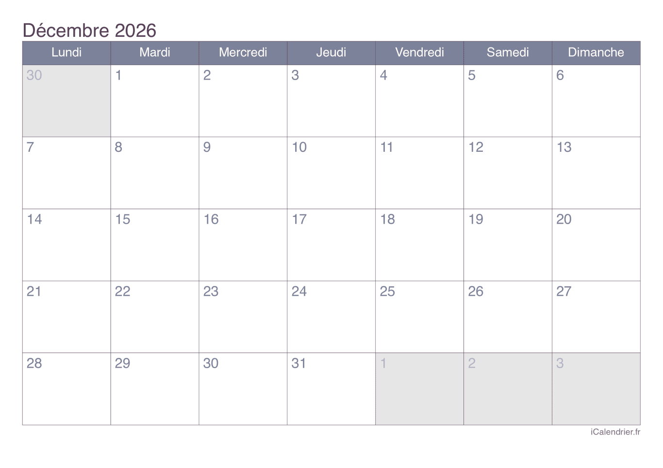 Calendrier de décembre 2026 - Office