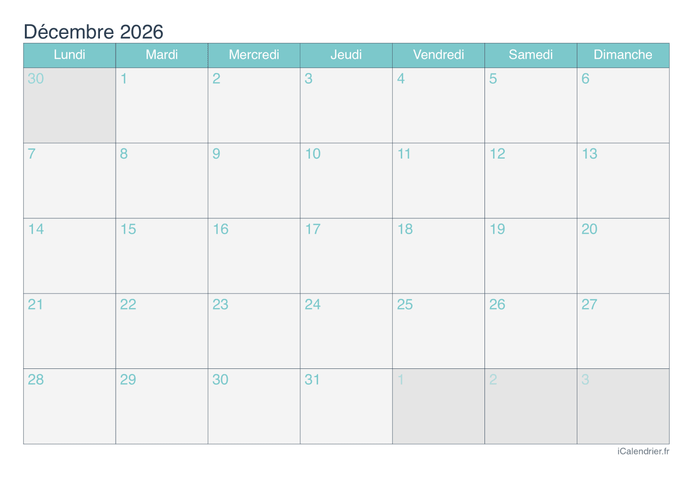 Calendrier de décembre 2026 - Turquoise