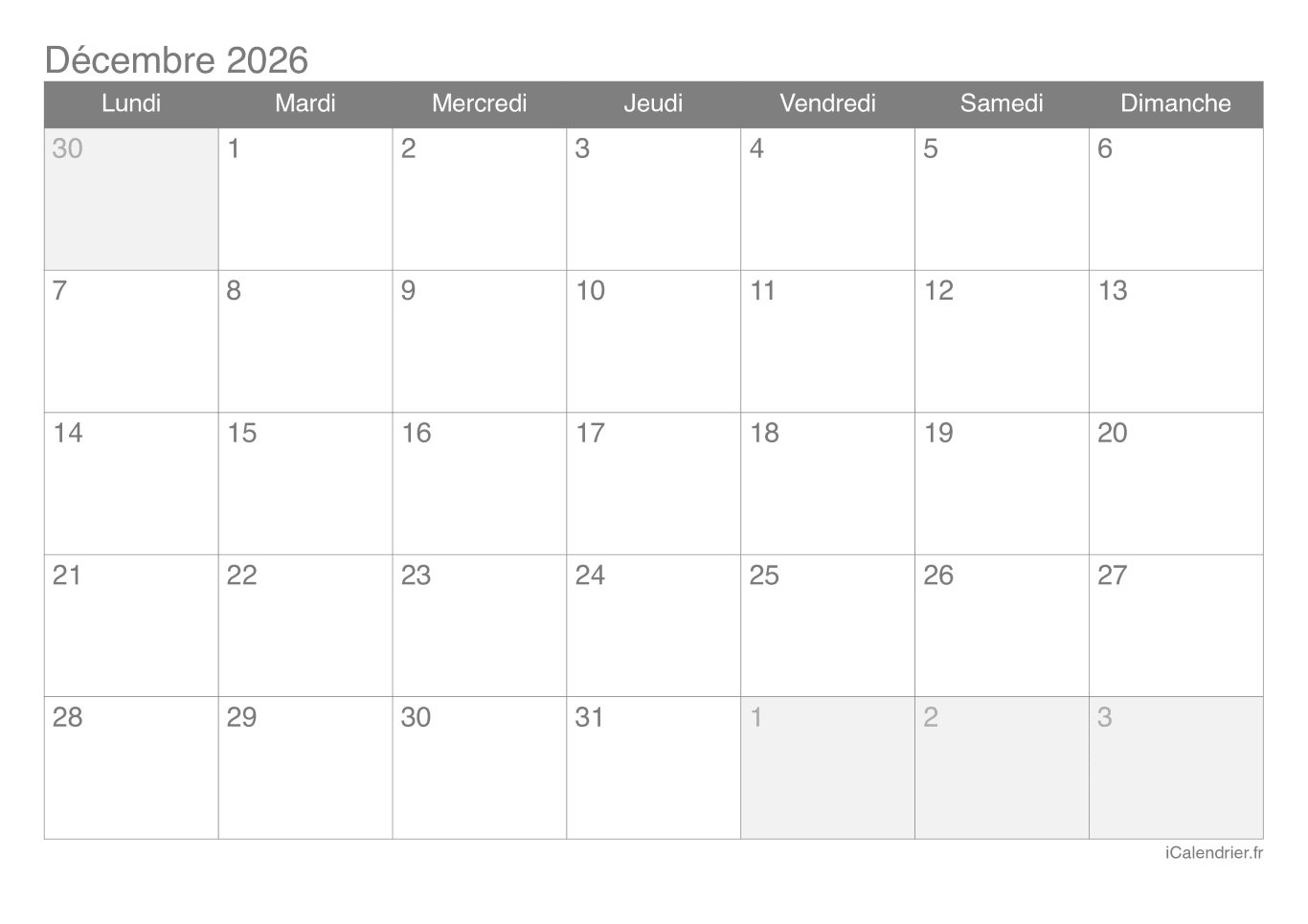 Calendrier de décembre 2026