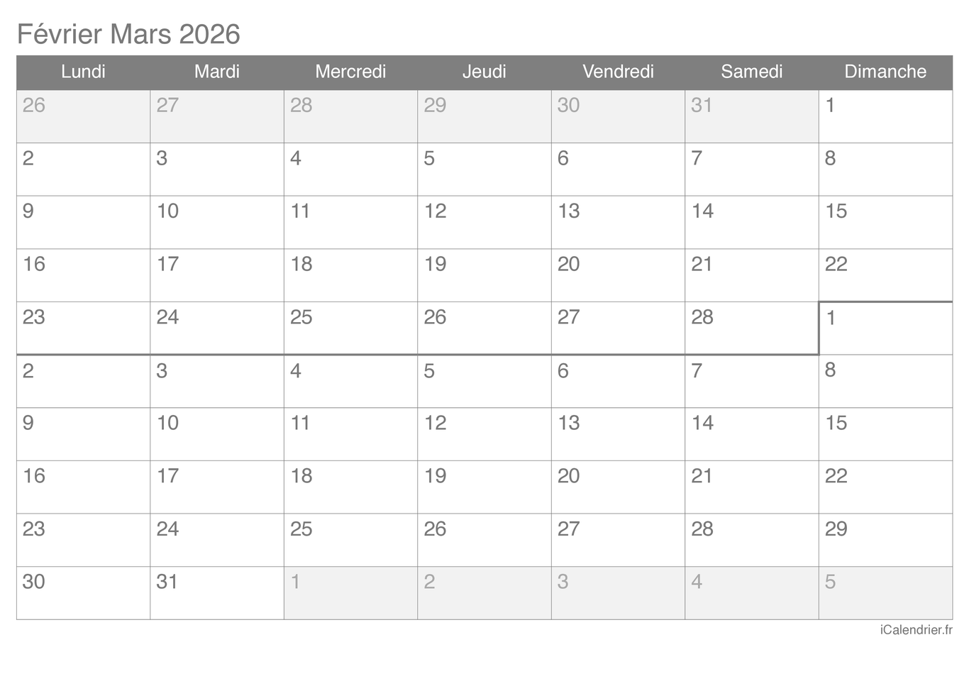 Calendrier de février mars 2026