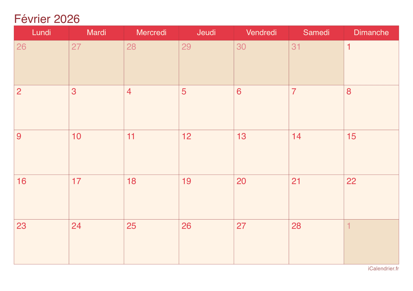 Calendrier de février 2026 - Cherry