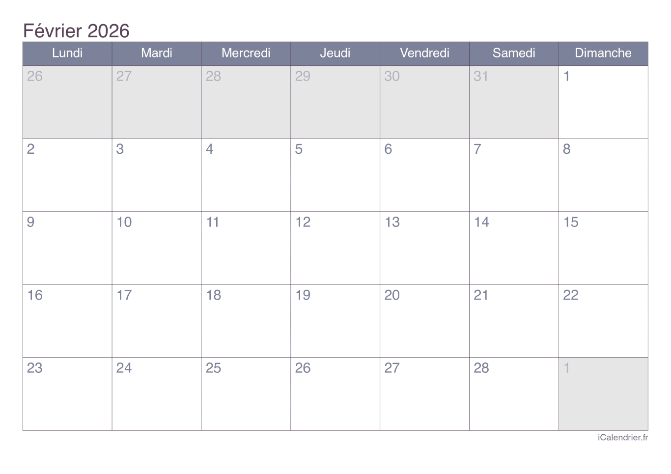 Calendrier de février 2026 - Office