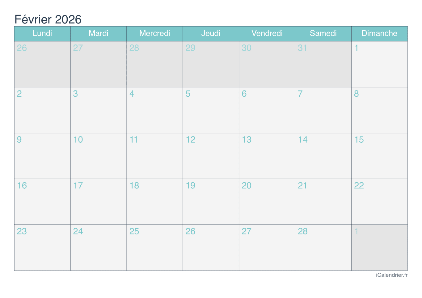 Calendrier de février 2026 - Turquoise