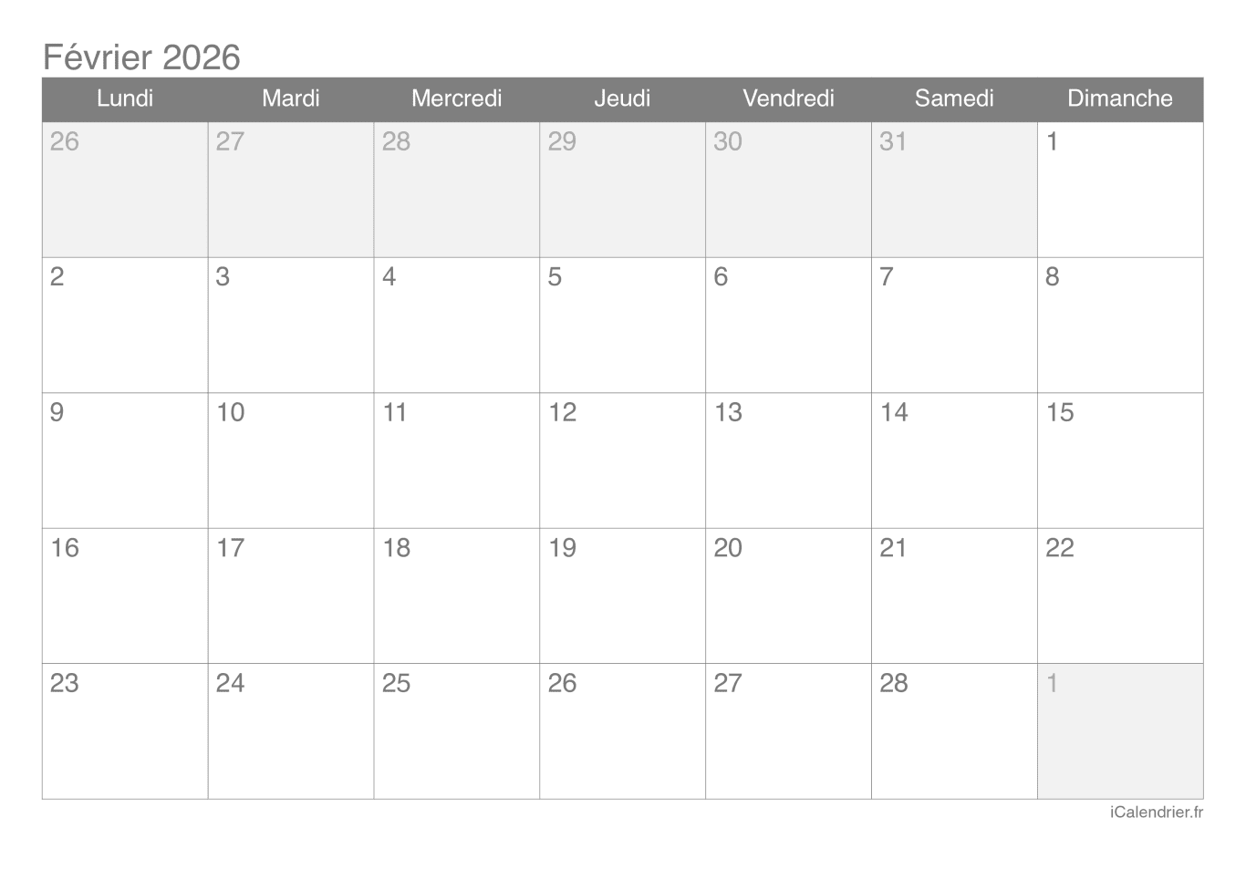 Calendrier de février 2026