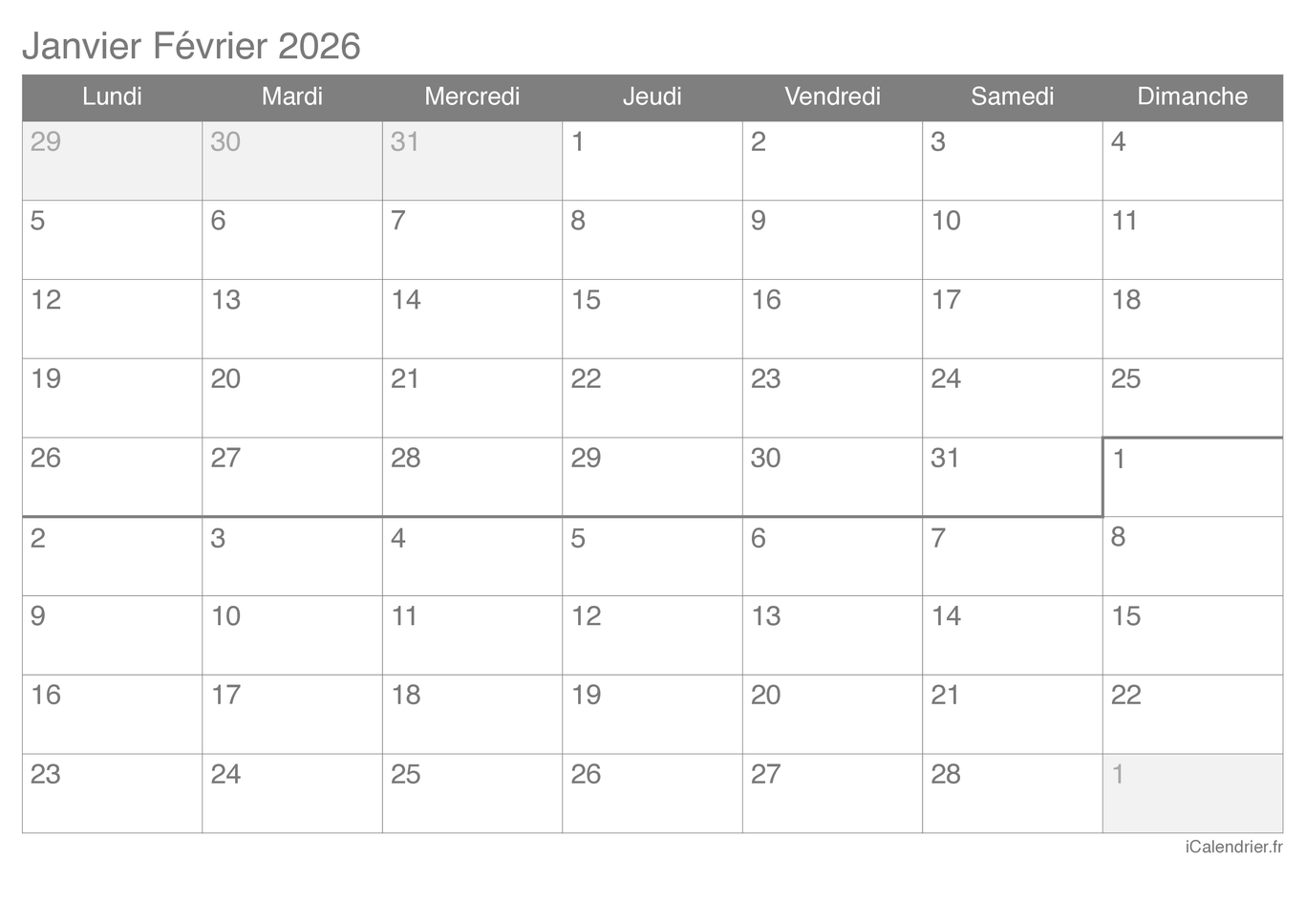 Calendrier de janvier février 2026