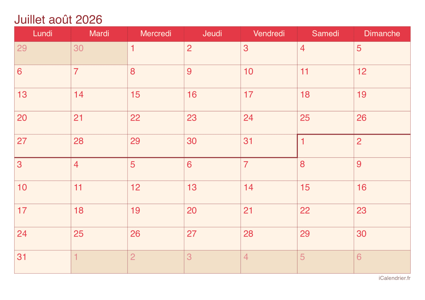 Calendrier de juillet août 2026 - Cherry