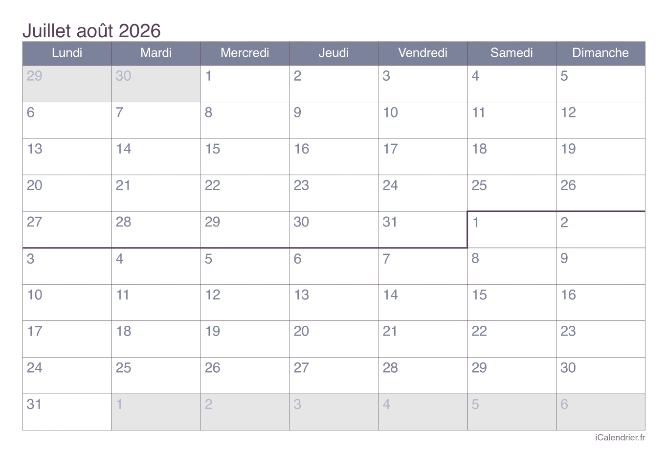 Calendrier de juillet août 2026 - Office