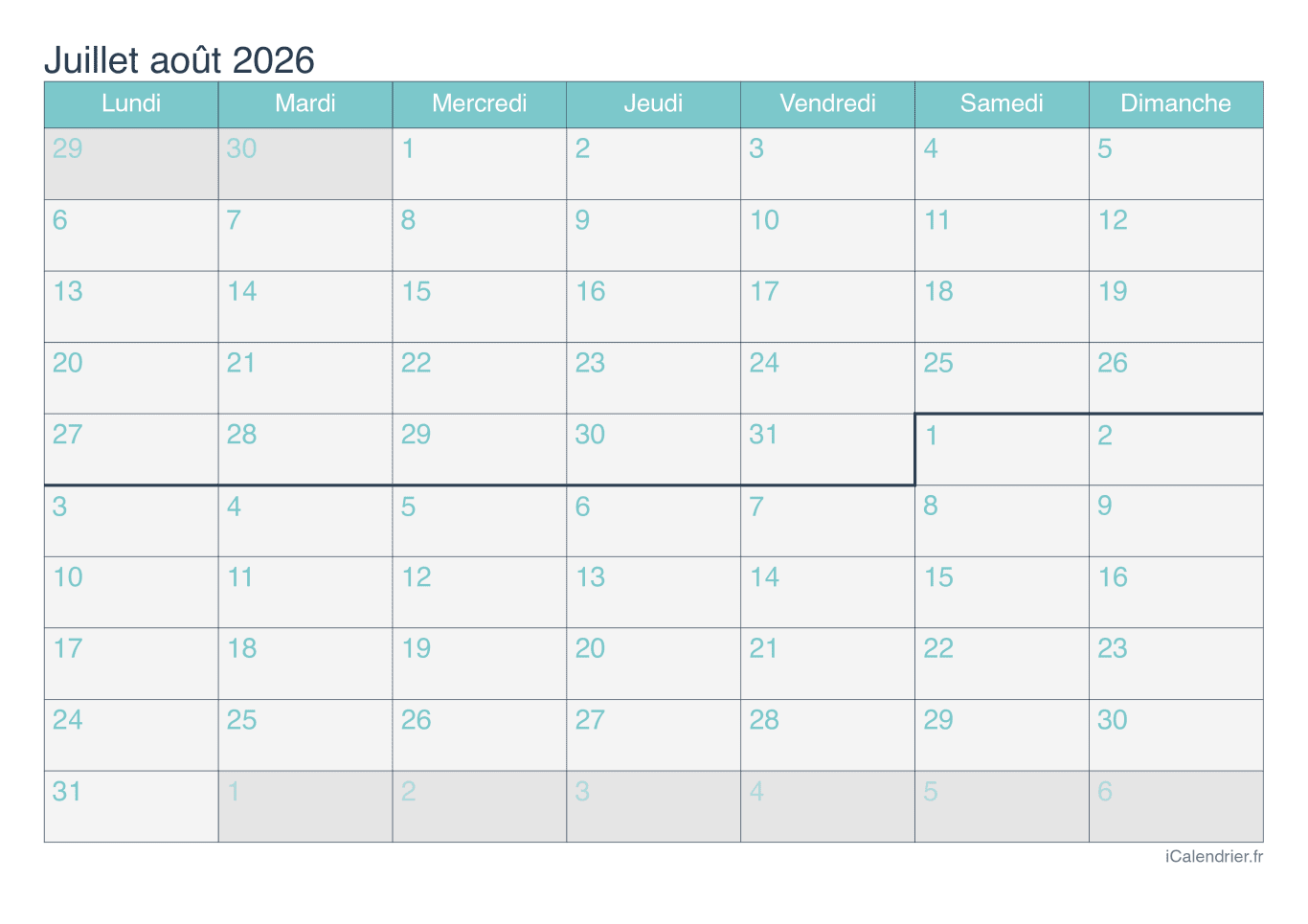 Calendrier de juillet août 2026 - Turquoise