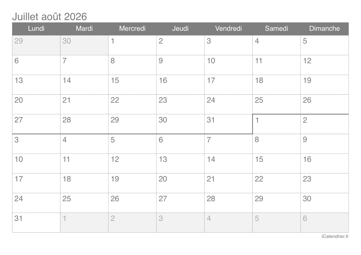 Calendrier de juillet août 2026