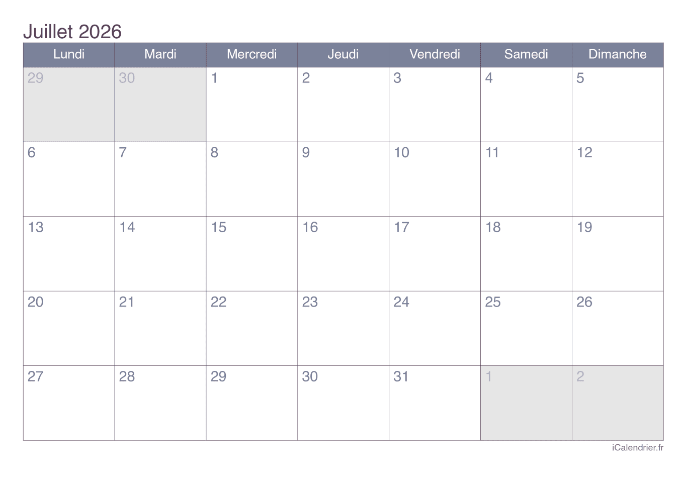 Calendrier de juillet 2026 - Office