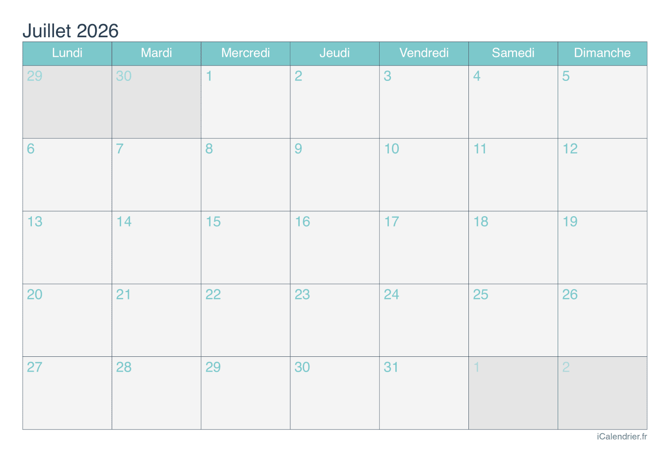 Calendrier de juillet 2026 - Turquoise