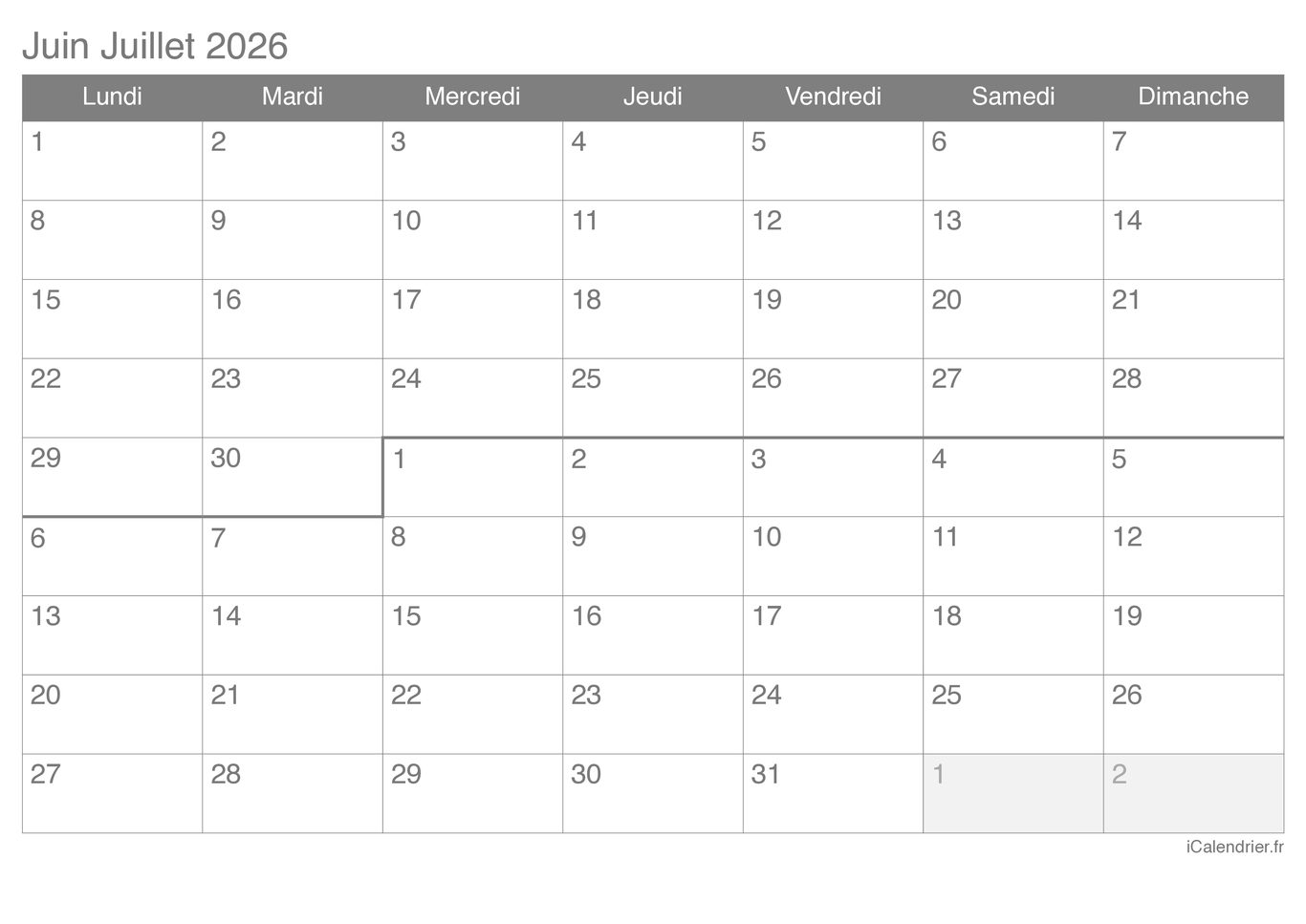 Calendrier de juin juillet 2026
