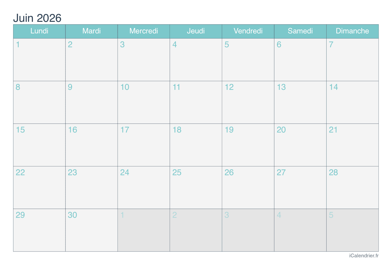 Calendrier de juin 2026 - Turquoise